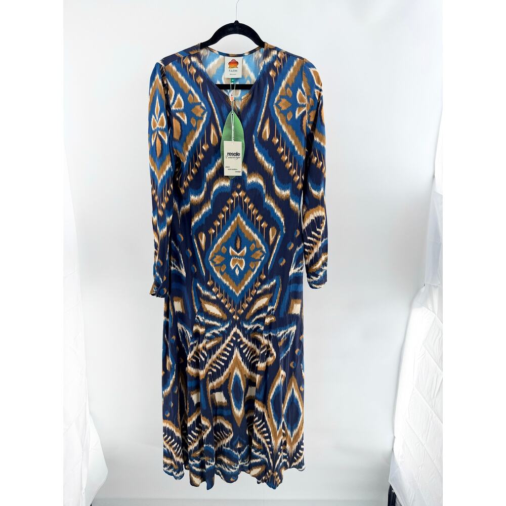 NWT FARM Rio Pineapple Ikat Long Sleeve V-Neck Maxi Dress Blue Women's Medium - Picture 2 of 6
